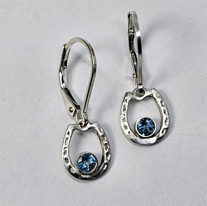 Horse Shoe with Bezel Set Stone small Lever Back Earring Sterling Silver