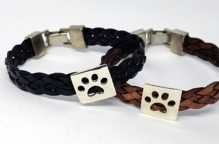 Dog Paw Print on Woven Leather Bracelet - Tempi Design Studio