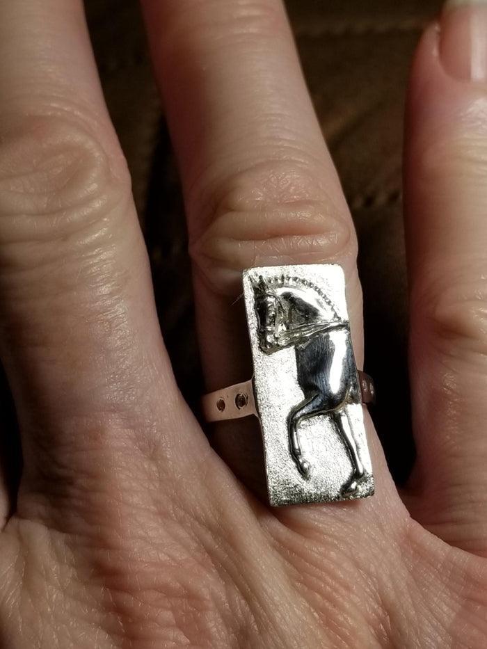 Dressage Horse Cameo Ring with White Sapphire Stones - Tempi Design Studio