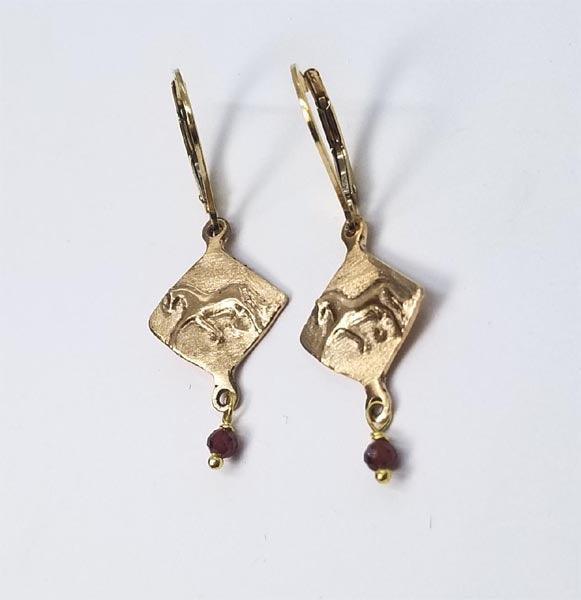 Extended Trot Horse Lever Back Earring with Garnet Bead Drop