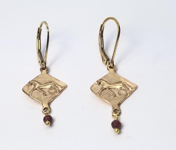 Extended Trot Horse Lever Back Earring with Garnet Bead Drop - Tempi Design Studio