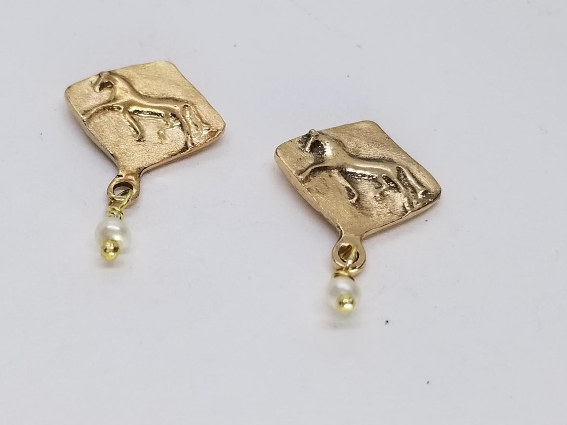 Extended Trot Horse Stud Earrings with Tiny Pearl Drop - Tempi Design Studio