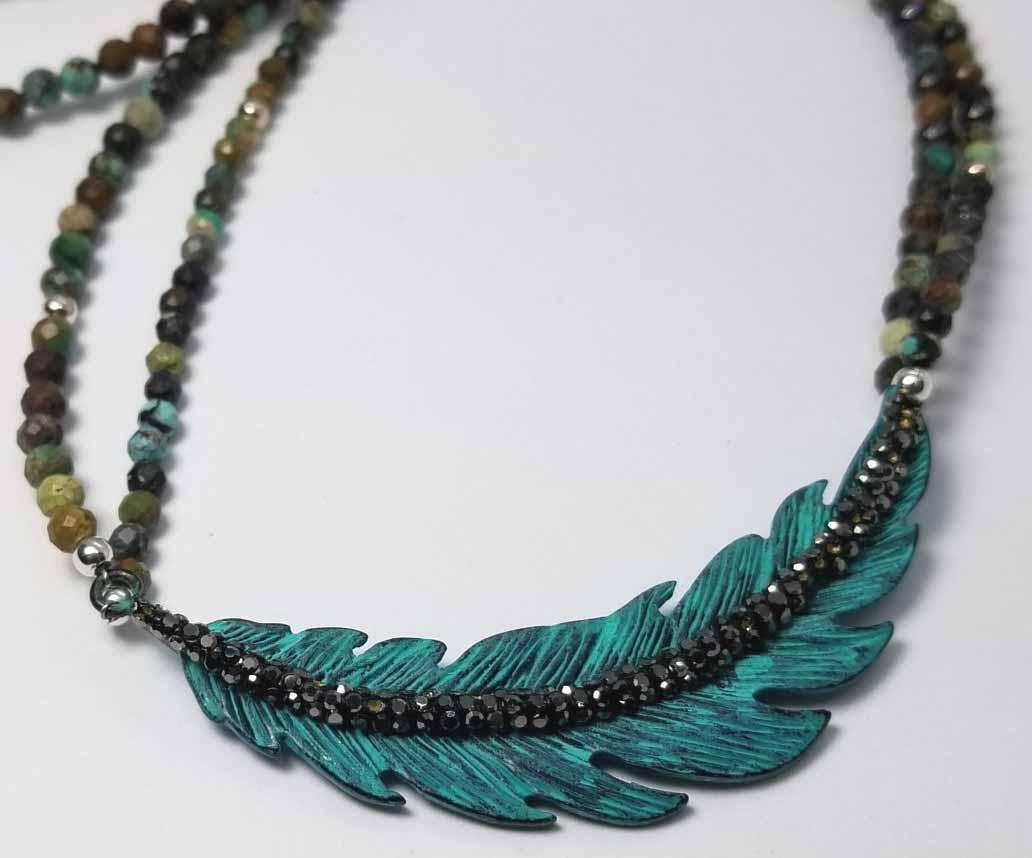 Feather Motif with 2 Strand Turquoise Necklace - Tempi Design Studio