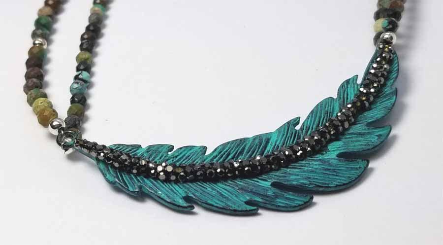 Feather Motif with 2 Strand Turquoise Necklace - Tempi Design Studio