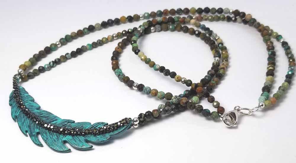 Feather Motif with 2 Strand Turquoise Necklace - Tempi Design Studio