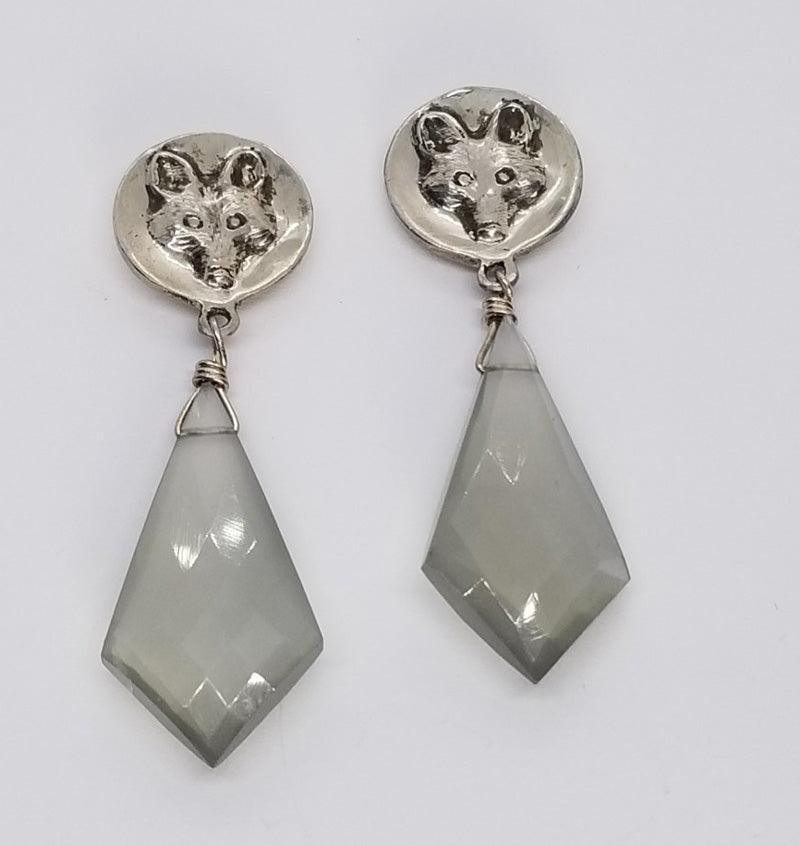Fox Mask Stud Earring with Grey Moonstone Gem Drop