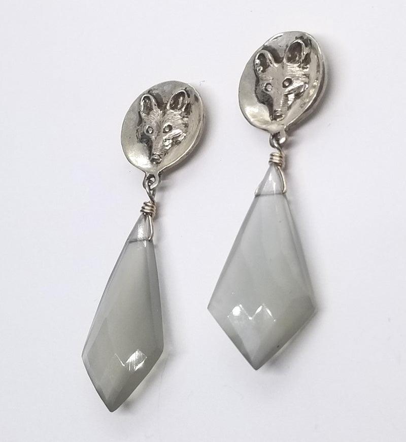 Fox Mask Stud Earring with Grey Moonstone Gem Drop - Tempi Design Studio