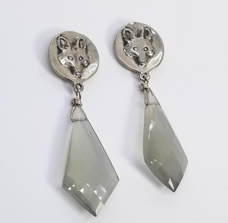 Fox Mask Stud Earring with Grey Moonstone Gem Drop - Tempi Design Studio