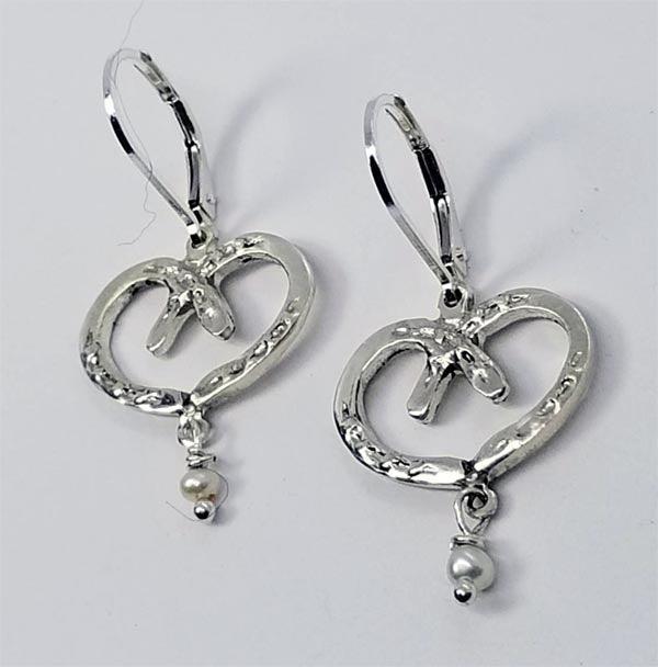 Horse Shoe Heart Earrings Medium with Fresh Water Pearl drop, Stud OR Lever Back
