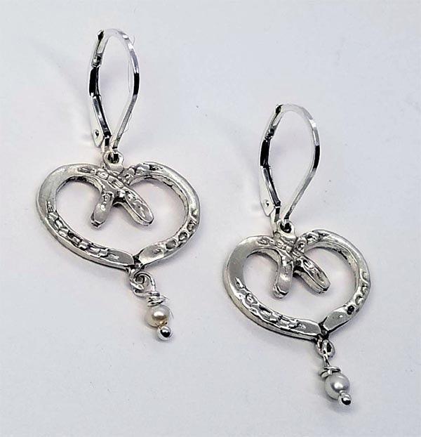 Horse Shoe Heart Earrings Medium with Fresh Water Pearl drop, Stud OR Lever Back - Tempi Design Studio