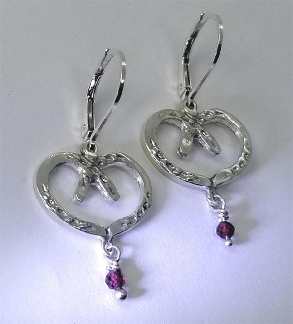 Horse Shoe Heart Earrings Medium with Garnet Bead Drop, Stud OR Lever Back