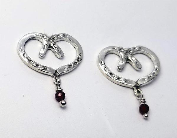 Horse Shoe Heart Earrings Medium with Garnet Bead Drop, Stud OR Lever Back - Tempi Design Studio
