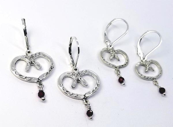 Horse Shoe Heart Earrings Medium with Garnet Bead Drop, Stud OR Lever Back - Tempi Design Studio