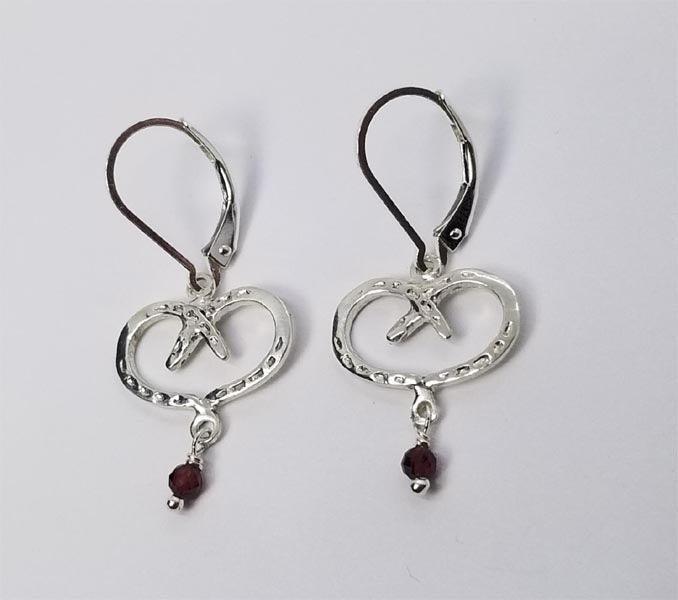 Horse Shoe Hearts Petite  Earrings with Garnet Drop /Choice  Stud OR Lever Back - Tempi Design Studio