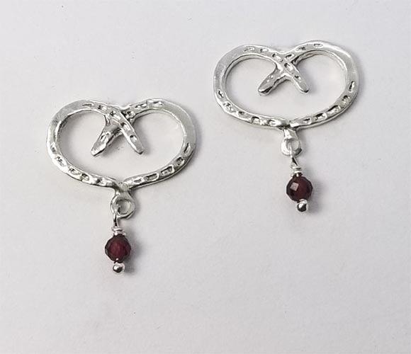 Horse Shoe Hearts Petite  Earrings with Garnet Drop /Choice  Stud OR Lever Back - Tempi Design Studio