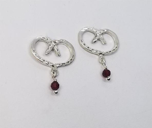 Horse Shoe Hearts Petite  Earrings with Garnet Drop /Choice  Stud OR Lever Back - Tempi Design Studio