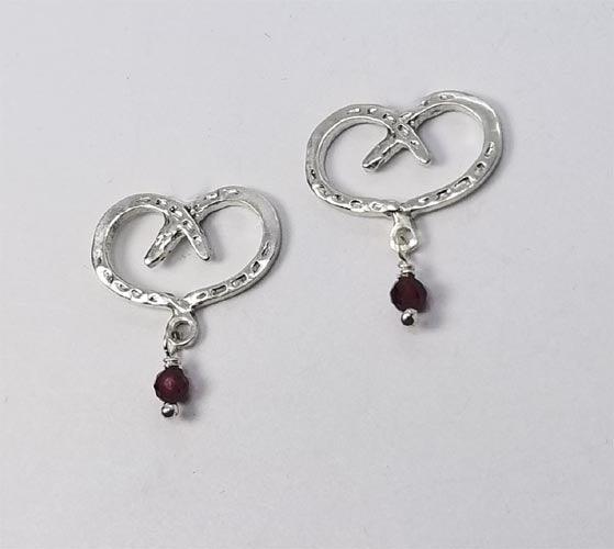 Horse Shoe Hearts Petite  Earrings with Garnet Drop /Choice  Stud OR Lever Back - Tempi Design Studio