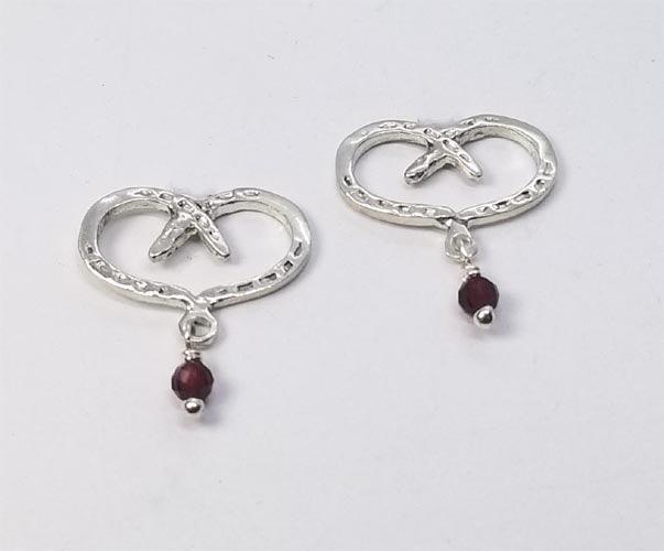 Horse Shoe Hearts Petite  Earrings with Garnet Drop /Choice  Stud OR Lever Back - Tempi Design Studio