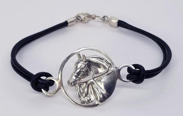 Jumping Horse in Circle on Leather Cord Bracelet