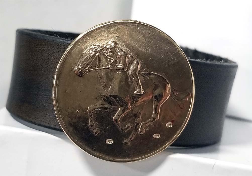 RaceHorse and Jockey Gallop on a Leather Cuff Bracelet