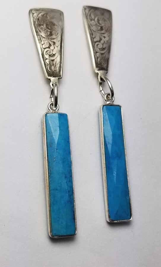 Western Style Etched Sterling Earrings with Turquoise gem Drops