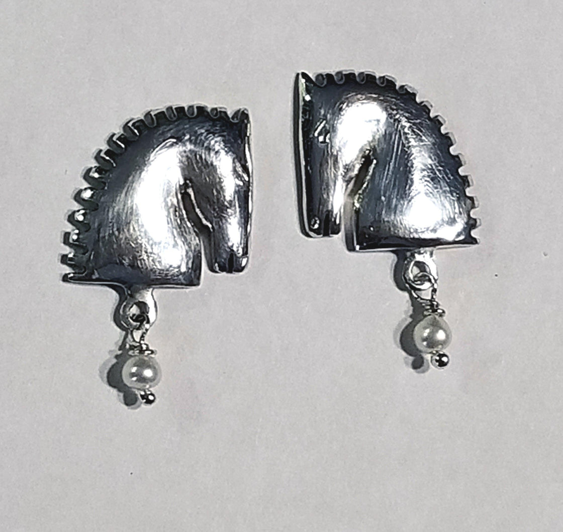 Contemporary Horse Stud Earring with Fresh Water Pearl Drop - Tempi Design Studio