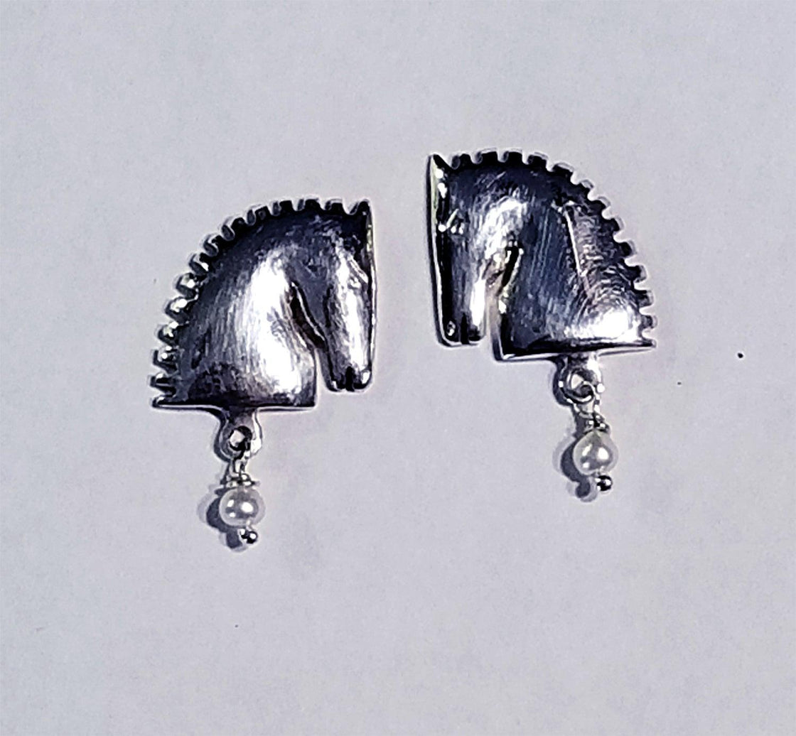 Contemporary Horse Stud Earring with Fresh Water Pearl Drop - Tempi Design Studio