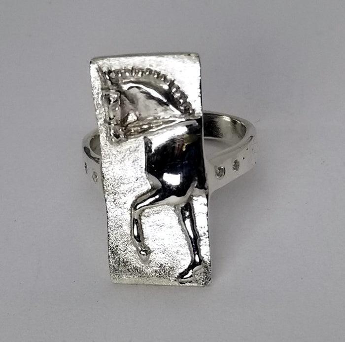 Dressage Horse Cameo Ring with White Sapphire Stones - Tempi Design Studio