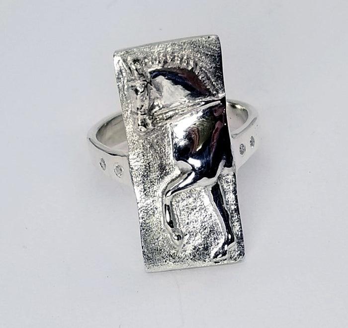 Dressage Horse Cameo Ring with White Sapphire Stones - Tempi Design Studio