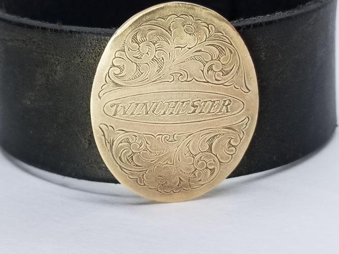 Etched Oval "Winchester" on Leather Cuff - Tempi Design Studio