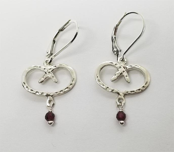 Horse Shoe Hearts Petite  Earrings with Garnet Drop /Choice  Stud OR Lever Back