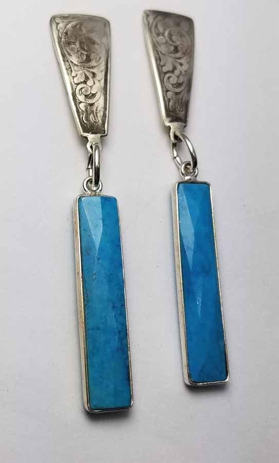 Western Style Etched Sterling Earrings with Turquoise gem Drops - Tempi Design Studio